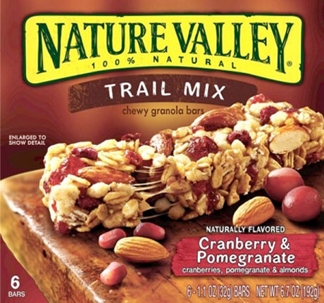 Packaging for Nature Valley Trail Mix Chewy Granola Bars with cranberry and pomegranate flavor, displaying the product and its name.